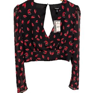 Express Women's Sheer Long Sleeve Red Leaf Print Open Back Crop Top Shirt Size M